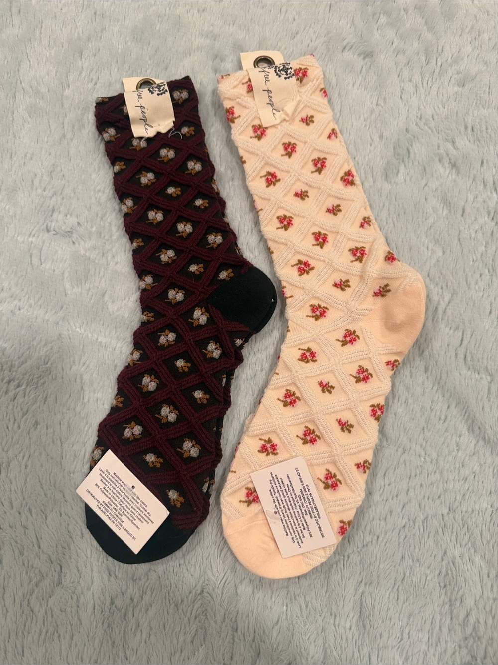 Free People Diamond Knit Crew Socks in Burgundy and Cream